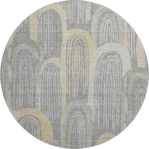 HomeRoots 8' Gray Gold Silver Geometric Washable Round Rug - UV Protected, Durable, Stylish & Easy-Clean Design 694601