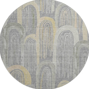 HomeRoots 8' Gray Gold Silver Geometric Washable Round Rug - UV Protected, Durable, Stylish & Easy-Clean Design 694601