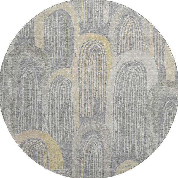 HomeRoots 8' Gray Gold Silver Geometric Washable Round Rug - UV Protected, Durable, Stylish & Easy-Clean Design 694601