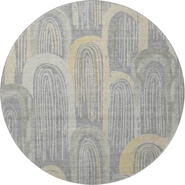 HomeRoots 8' Gray Gold Silver Geometric Washable Round Rug - UV Protected, Durable, Stylish & Easy-Clean Design 694601