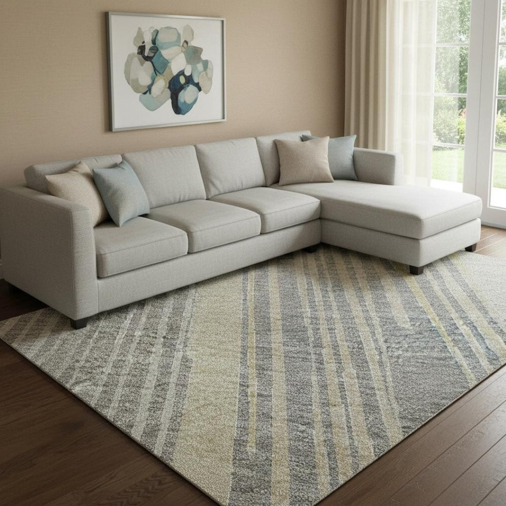 HomeRoots 8' Gray Gold Silver Geometric Area Rug – Washable, UV-Protected, Stain-Resistant, Modern Design 694602
