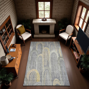 HomeRoots 8' Gray Gold Silver Geometric Area Rug – Washable, UV-Protected, Stain-Resistant, Modern Design 694602
