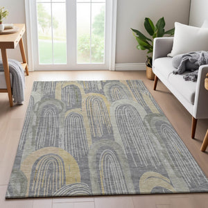 HomeRoots 8' Gray Gold Silver Geometric Area Rug – Washable, UV-Protected, Stain-Resistant, Modern Design 694602