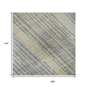 HomeRoots 9' X 12' Washable Gray, Gold & Silver Geometric Area Rug with UV Protection for Modern Living Spaces 694603