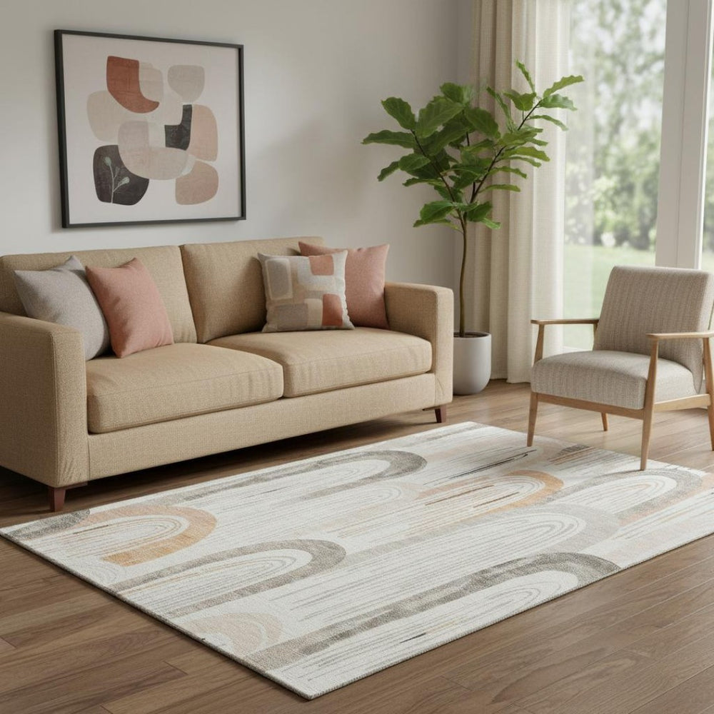 HomeRoots 5' X 8' Contemporary Ivory Peach Taupe Geometric Area Rug – UV Protected, Machine-Washable Design! 694606