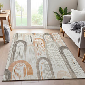 HomeRoots 5' X 8' Contemporary Ivory Peach Taupe Geometric Area Rug – UV Protected, Machine-Washable Design! 694606