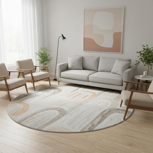 HomeRoots 8' X 8' Stylish Ivory Peach Taupe Geometric Washable Round Rug - Durable, UV Protected, Easy Care! 694607