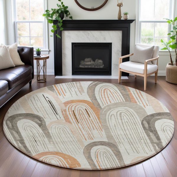 HomeRoots 8' X 8' Stylish Ivory Peach Taupe Geometric Washable Round Rug - Durable, UV Protected, Easy Care! 694607
