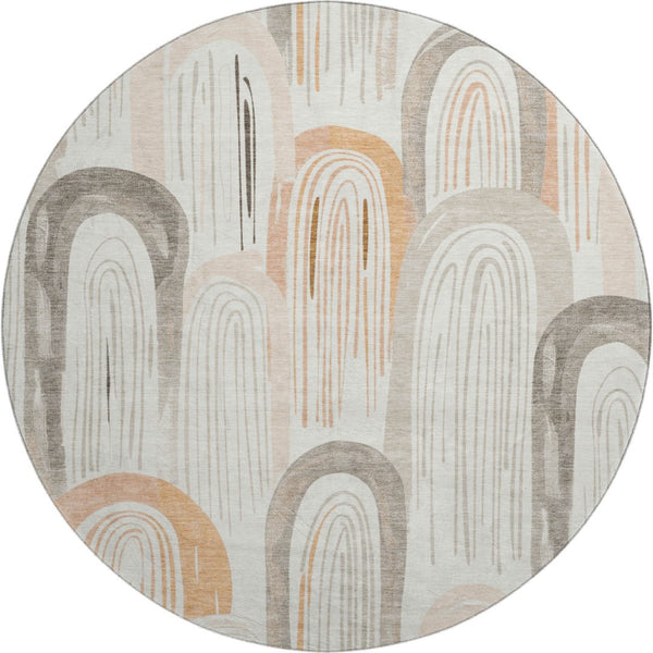 HomeRoots 8' X 8' Stylish Ivory Peach Taupe Geometric Washable Round Rug - Durable, UV Protected, Easy Care! 694607