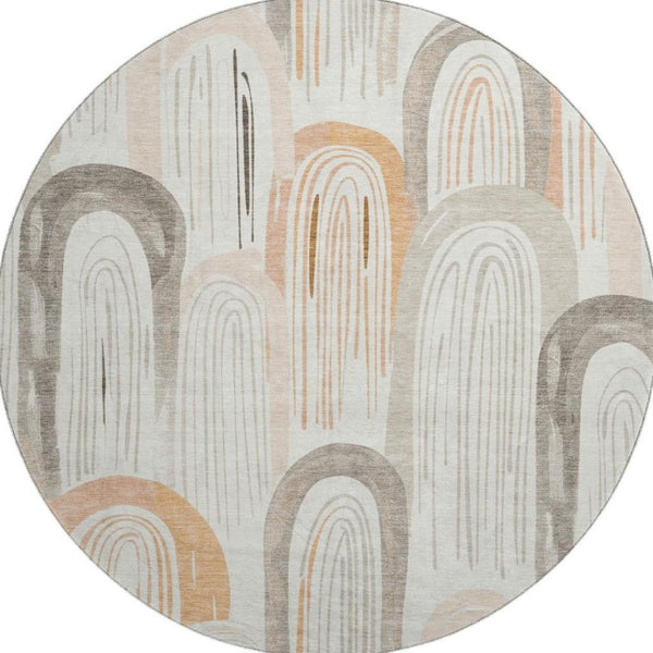 HomeRoots 8' X 8' Stylish Ivory Peach Taupe Geometric Washable Round Rug - Durable, UV Protected, Easy Care! 694607