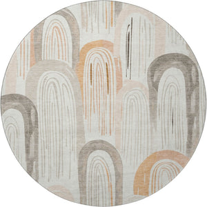 HomeRoots 8' X 8' Stylish Ivory Peach Taupe Geometric Washable Round Rug - Durable, UV Protected, Easy Care! 694607