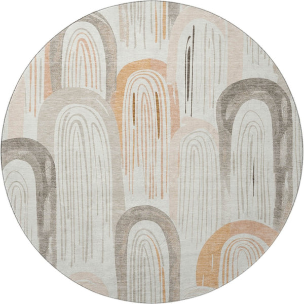 HomeRoots 8' X 8' Stylish Ivory Peach Taupe Geometric Washable Round Rug - Durable, UV Protected, Easy Care! 694607