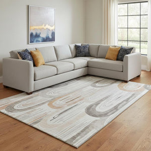 HomeRoots 8' Stylish Ivory Peach Taupe Geometric Area Rug - Washable, UV Protected & Stain-Resistant Design 694608