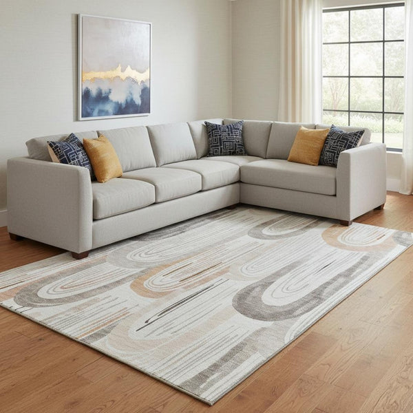 HomeRoots 8' Stylish Ivory Peach Taupe Geometric Area Rug - Washable, UV Protected & Stain-Resistant Design 694608