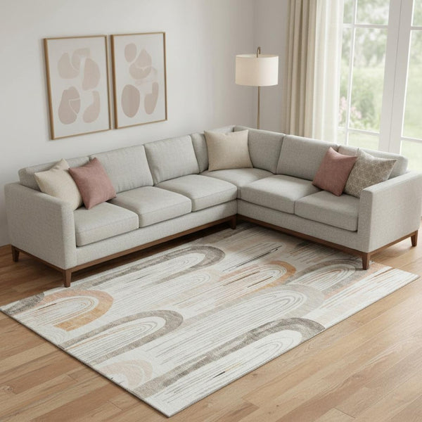 HomeRoots 9' X 12' Modern Geometric Area Rug in Ivory, Peach & Taupe - Washable, UV-Protected & Durable Design 694609
