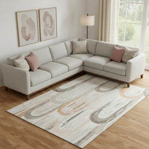 HomeRoots 10' X 14' Ivory Peach Taupe Geometric Area Rug - Washable, UV Protected, Ideal for Active Homes! 694610
