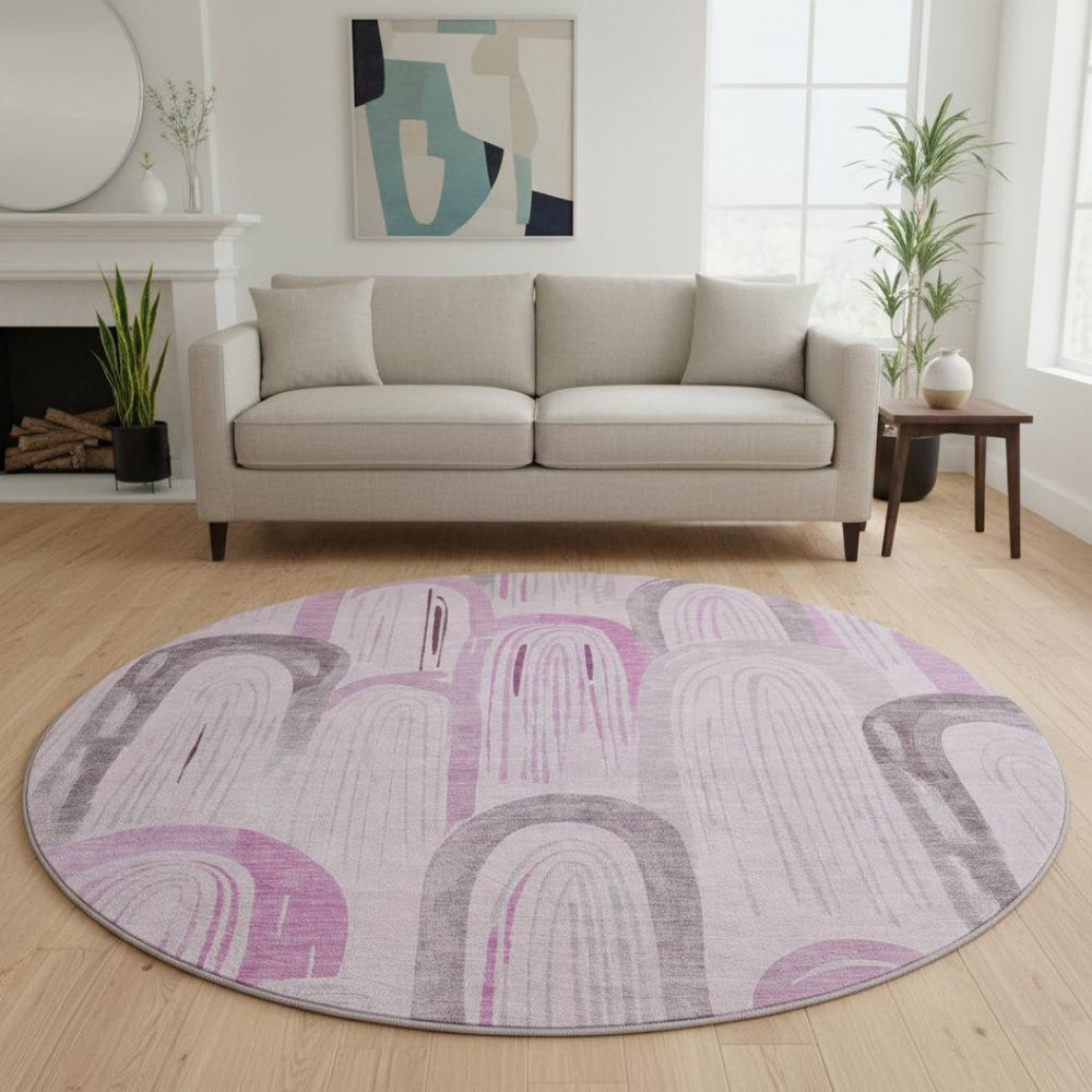 HomeRoots 8' X 8' Washable Round Rug in Pink, Lavender, and Ivory - Stylish Geometric Design with UV Protection 694613