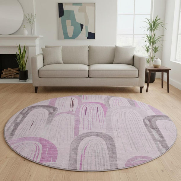 HomeRoots 8' X 8' Washable Round Rug in Pink, Lavender, and Ivory - Stylish Geometric Design with UV Protection 694613