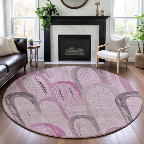 HomeRoots 8' X 8' Washable Round Rug in Pink, Lavender, and Ivory - Stylish Geometric Design with UV Protection 694613