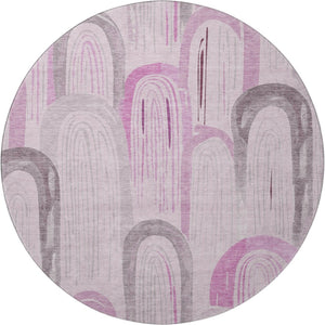 HomeRoots 8' X 8' Washable Round Rug in Pink, Lavender, and Ivory - Stylish Geometric Design with UV Protection 694613