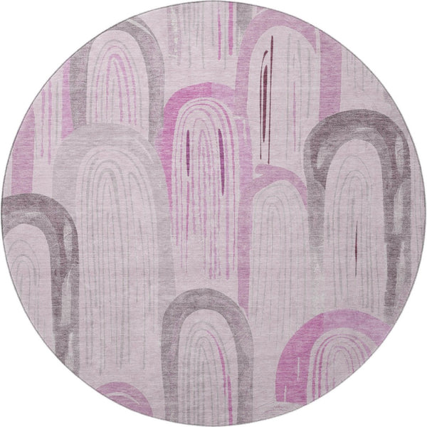 HomeRoots 8' X 8' Washable Round Rug in Pink, Lavender, and Ivory - Stylish Geometric Design with UV Protection 694613