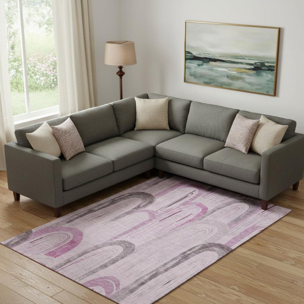 HomeRoots 9' X 12' Stylish Pink Lavender Ivory Geometric Area Rug - Washable, UV Protected, Durable Design 694615