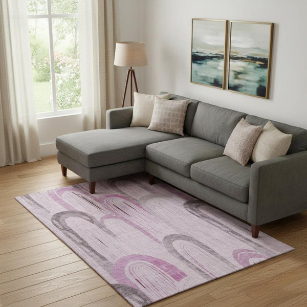 HomeRoots 10' X 14' Soft Pink Lavender Ivory Geometric Washable Area Rug with UV Protection & Non-Slip Backing 694616