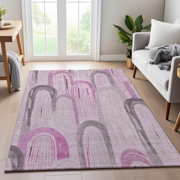 HomeRoots 10' X 14' Soft Pink Lavender Ivory Geometric Washable Area Rug with UV Protection & Non-Slip Backing 694616