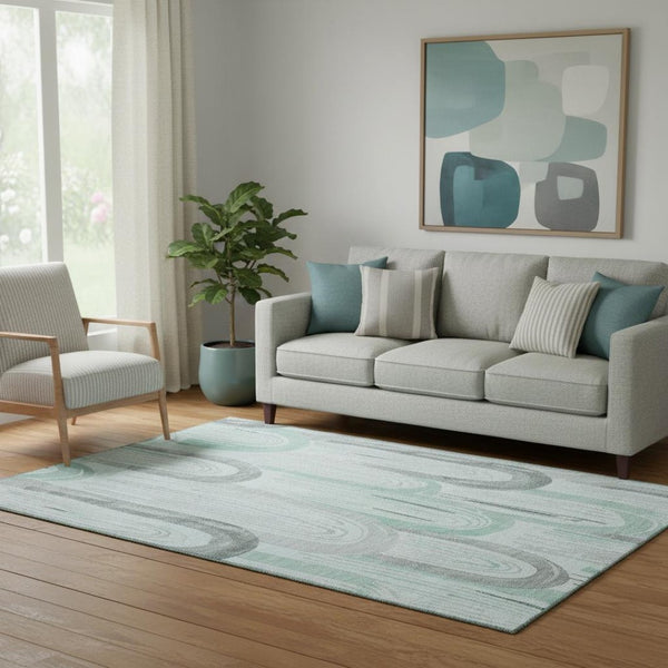 HomeRoots 5' X 8' Stylish Pale Aqua Gray & Silver Geometric Area Rug – Washable, Stain-Resistant, UV Safe! 694618