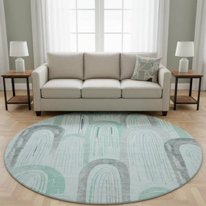 HomeRoots 8' X 8' Stylish Pale Aqua Gray and Silver Geometric Washable Round Rug with UV Protection Features 694619