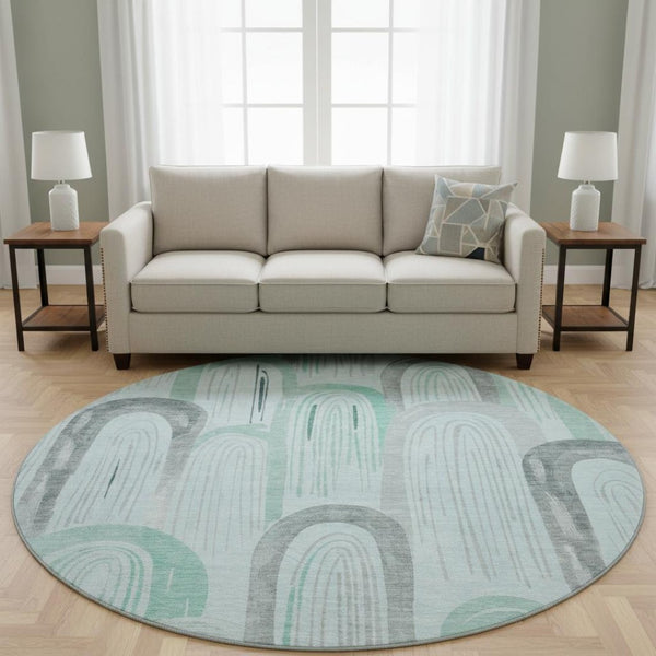 HomeRoots 8' X 8' Stylish Pale Aqua Gray and Silver Geometric Washable Round Rug with UV Protection Features 694619
