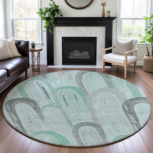 HomeRoots 8' X 8' Stylish Pale Aqua Gray and Silver Geometric Washable Round Rug with UV Protection Features 694619
