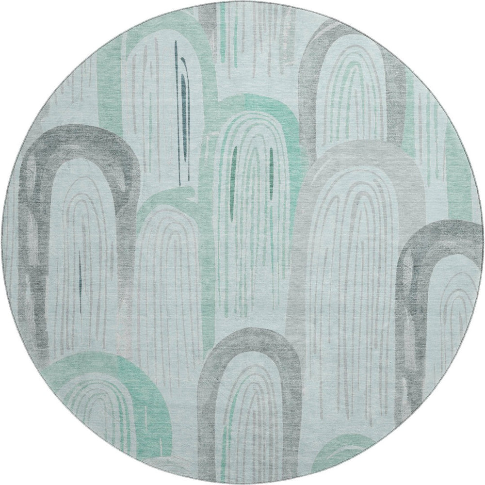 HomeRoots 8' X 8' Stylish Pale Aqua Gray and Silver Geometric Washable Round Rug with UV Protection Features 694619