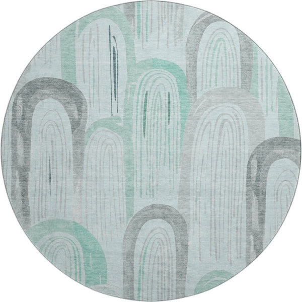 HomeRoots 8' X 8' Stylish Pale Aqua Gray and Silver Geometric Washable Round Rug with UV Protection Features 694619