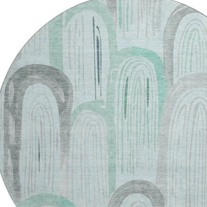 HomeRoots 8' X 8' Stylish Pale Aqua Gray and Silver Geometric Washable Round Rug with UV Protection Features 694619