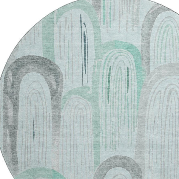 HomeRoots 8' X 8' Stylish Pale Aqua Gray and Silver Geometric Washable Round Rug with UV Protection Features 694619