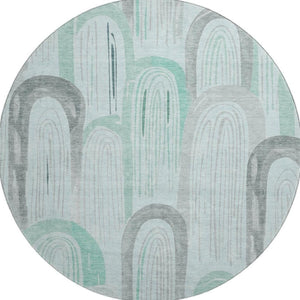 HomeRoots 8' X 8' Stylish Pale Aqua Gray and Silver Geometric Washable Round Rug with UV Protection Features 694619