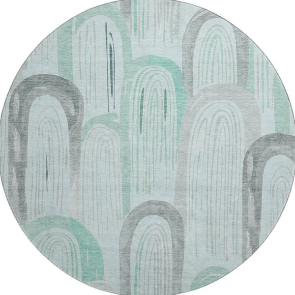 HomeRoots 8' X 8' Stylish Pale Aqua Gray and Silver Geometric Washable Round Rug with UV Protection Features 694619