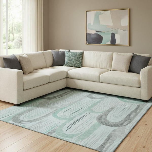HomeRoots 8' Pale Aqua Gray & Silver Geometric Washable Area Rug - Durable, Stylish, UV-Protected for High-Traffic Zones 694620