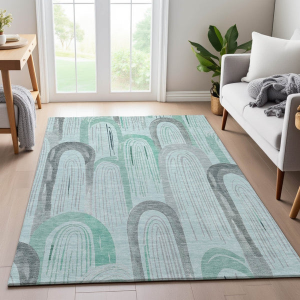 HomeRoots 8' Pale Aqua Gray & Silver Geometric Washable Area Rug - Durable, Stylish, UV-Protected for High-Traffic Zones 694620