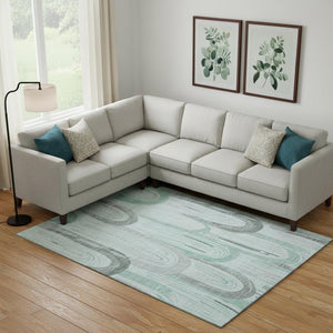 HomeRoots 9' X 12' Stylish Pale Aqua Gray Geometric Washable Area Rug with UV Protection for Busy Homes 694621