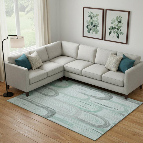 HomeRoots 9' X 12' Stylish Pale Aqua Gray Geometric Washable Area Rug with UV Protection for Busy Homes 694621
