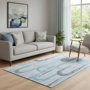 HomeRoots 5' X 8' Sky Blue Gray Silver Geometric Washable Area Rug - Stylish, Durable, UV Protected Choice! 694624