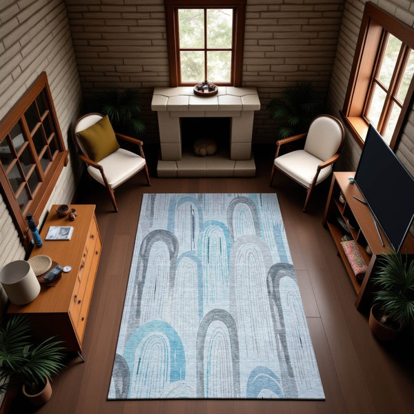 HomeRoots 5' X 8' Sky Blue Gray Silver Geometric Washable Area Rug - Stylish, Durable, UV Protected Choice! 694624