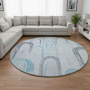 HomeRoots 8' Round Sky Blue, Gray, & Silver Geometric Washable Rug - UV Protected, Durable & Stylish Design 694625