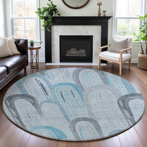 HomeRoots 8' Round Sky Blue, Gray, & Silver Geometric Washable Rug - UV Protected, Durable & Stylish Design 694625