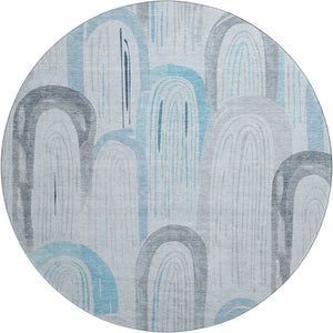 HomeRoots 8' Round Sky Blue, Gray, & Silver Geometric Washable Rug - UV Protected, Durable & Stylish Design 694625