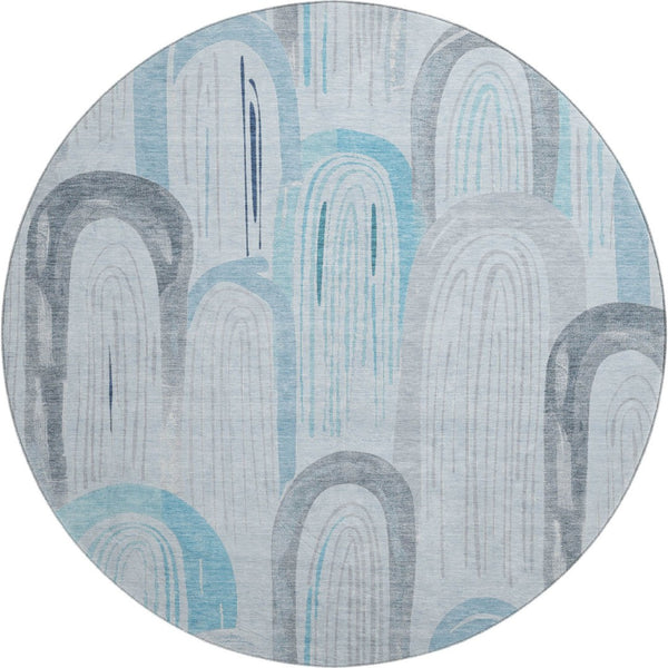 HomeRoots 8' Round Sky Blue, Gray, & Silver Geometric Washable Rug - UV Protected, Durable & Stylish Design 694625