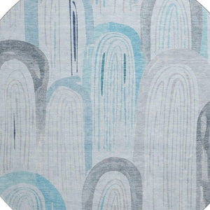 HomeRoots 8' Round Sky Blue, Gray, & Silver Geometric Washable Rug - UV Protected, Durable & Stylish Design 694625