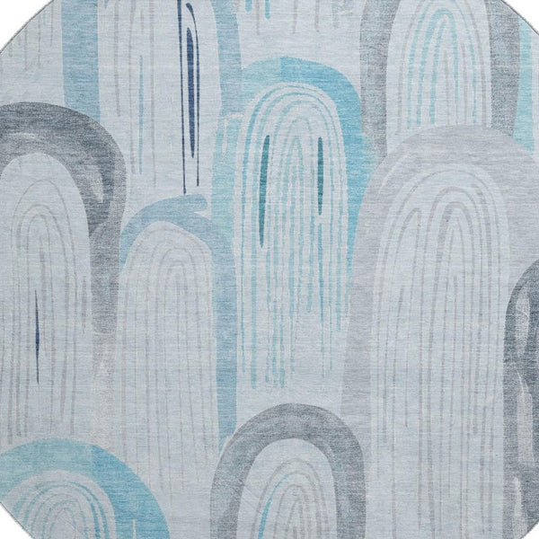 HomeRoots 8' Round Sky Blue, Gray, & Silver Geometric Washable Rug - UV Protected, Durable & Stylish Design 694625